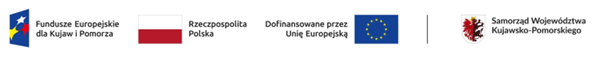 logo Funduszy Europejskich dla Kujaw i Pomorza, flaga Polski, flaga Unii Europejskiej, herb Województwa Kujawsko- Pomorskiego