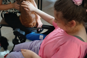 kobieta na wózku inwalidzkim głaszcze psa