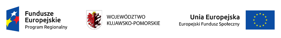 logo Europejskiego Funduszu Społecznego, herb województwa kujawsko- pomorskiego oraz flaga Unii Europejskiej