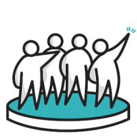 ikonografika przedstawaijąca czworo ludzi na okrągłym podeście