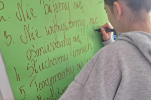 dziewczyna zapisuje hasła na tablicy